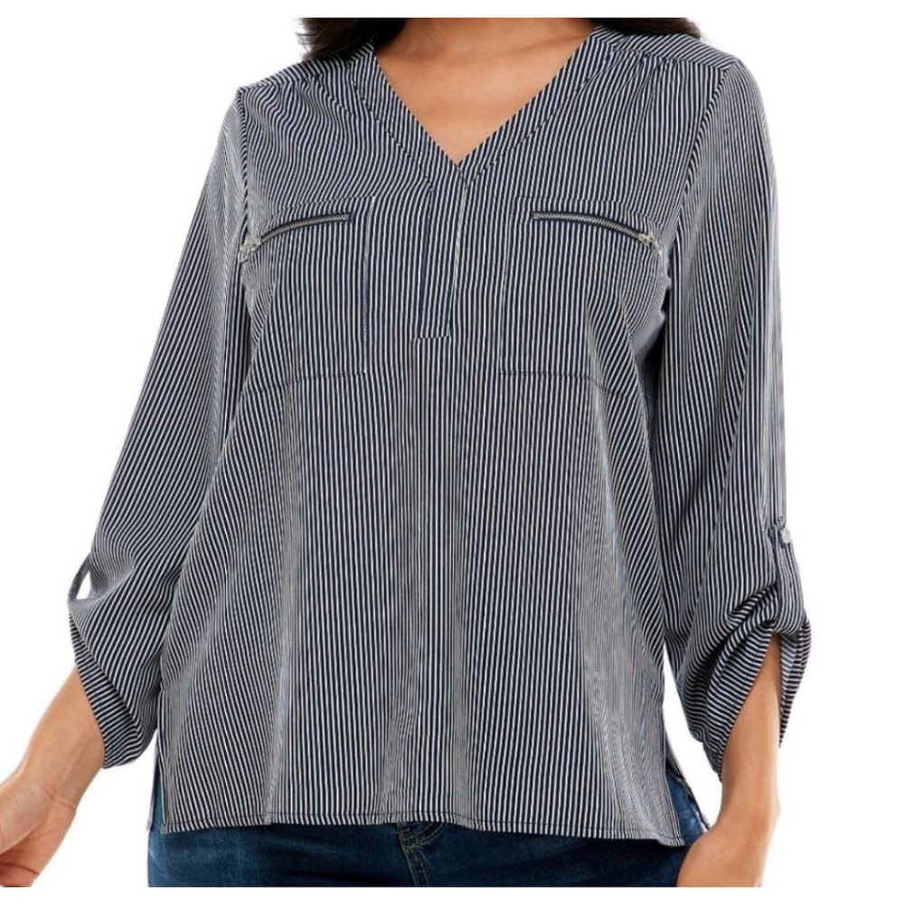 Women's Adrienne Vittadini Black White Striped Blouse L